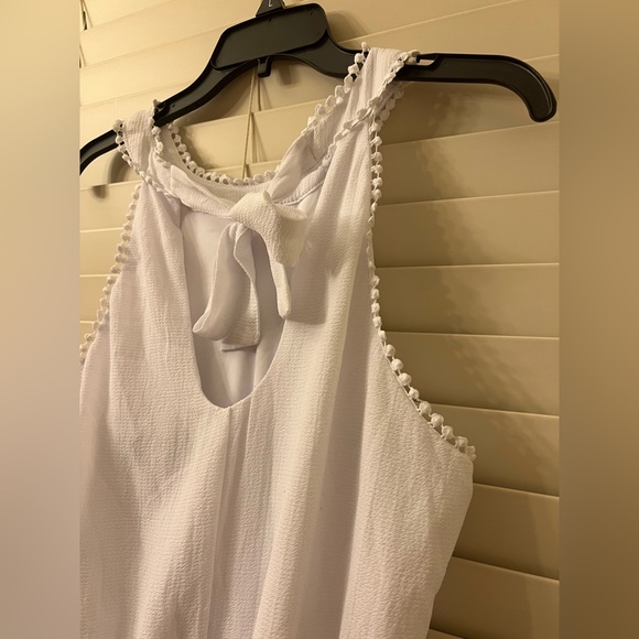 Francesca’s Women’s Small White Tie-Neck Halter Romper Blue Rain Pom Pom Trim - Picture 7 of 14